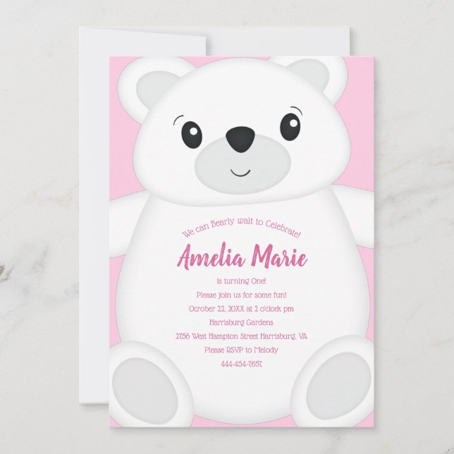 Polar Bear Birthday Party Pink Invitation (Front)