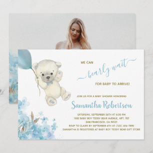 Polar Bear Blue Balloon Watercolor Boy Baby Shower Invitation