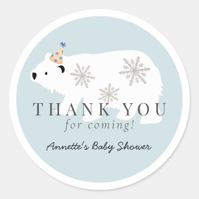 Polar Bear Blue Boy Baby Shower Thank You Classic Round Sticker (Front)