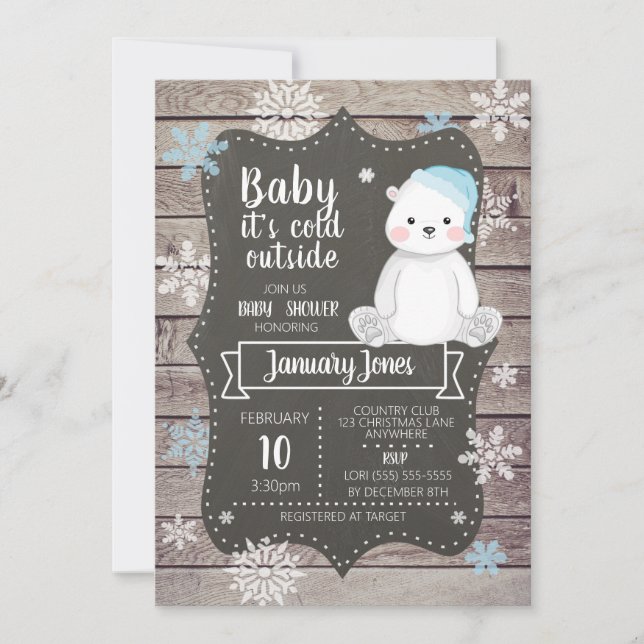 Polar Bear Boy Baby Shower Invitation I Blue (Front)