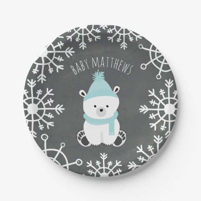 Polar Bear Boy Winter Baby Shower Paper Plate (Front)
