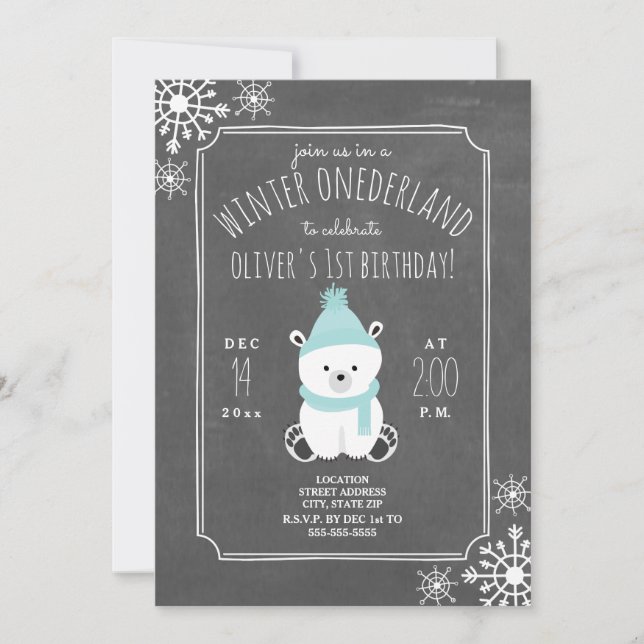 Polar Bear Boy Winter ONEderland Birthday Party Invitation (Front)