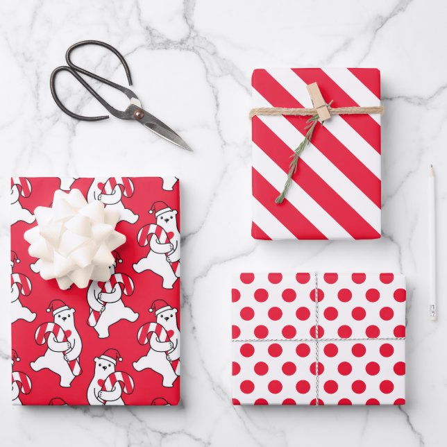 Polar Bear Candy Cane Wrapping Paper Set of 3 (Front)