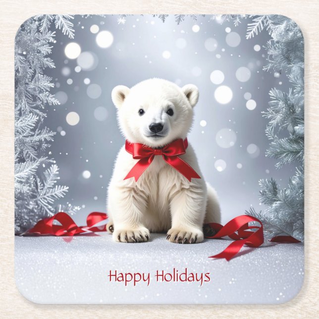 Polar Bear Christmas Holiday Paper Coaster (Front)