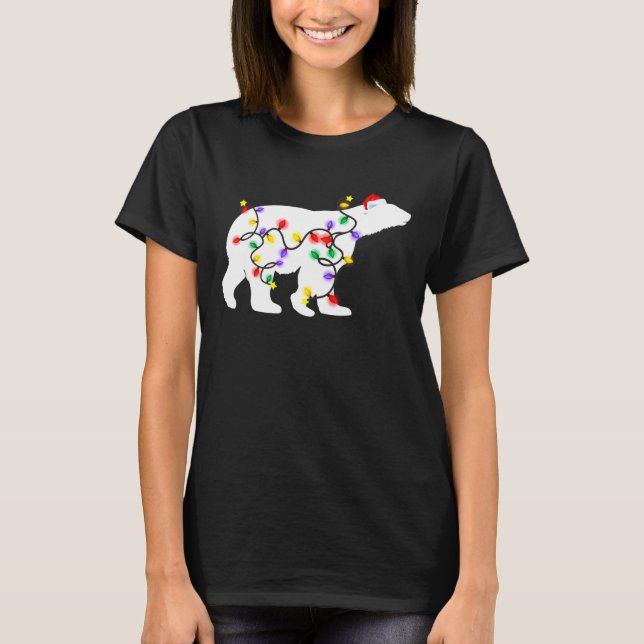 Polar Bear Christmas Lights Santa Hat Xmas T-Shirt (Front)