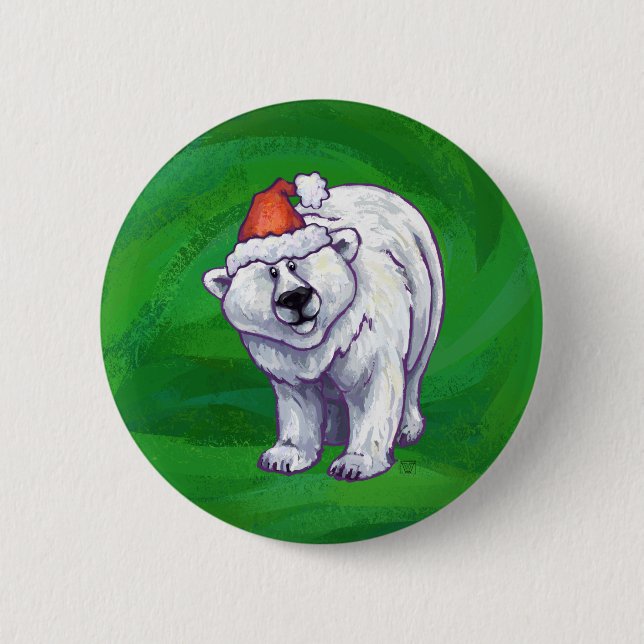 Polar Bear Christmas On Green 6 Cm Round Badge (Front)