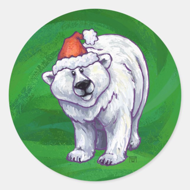Polar Bear Christmas On Green Classic Round Sticker (Front)
