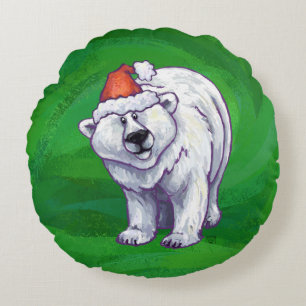 Polar Bear Christmas On Green Round Cushion
