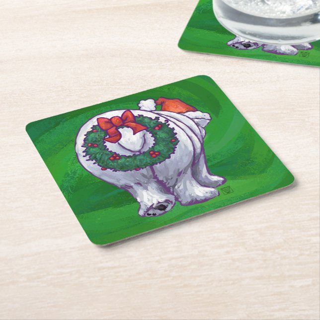 Polar Bear Christmas On Green Square Paper Coaster (Angled)