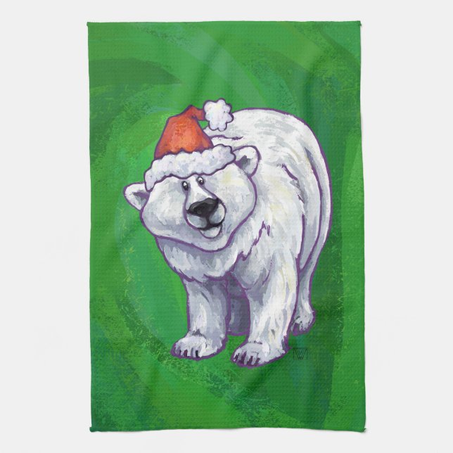 Polar Bear Christmas On Green Tea Towel (Vertical)