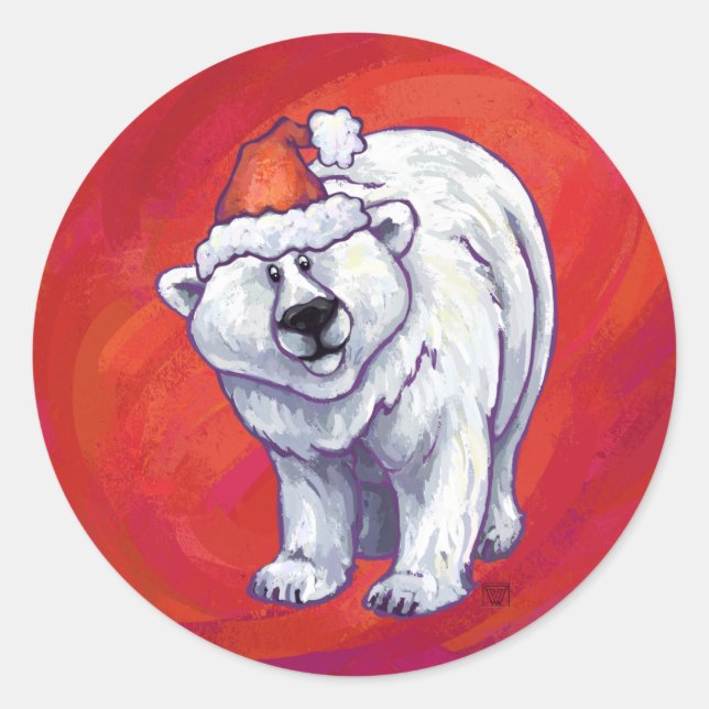 Polar Bear Christmas On Red Classic Round Sticker (Front)