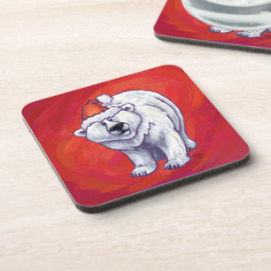 Polar Bear Christmas On Red Coaster