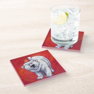 Polar Bear Christmas On Red Glass Coaster