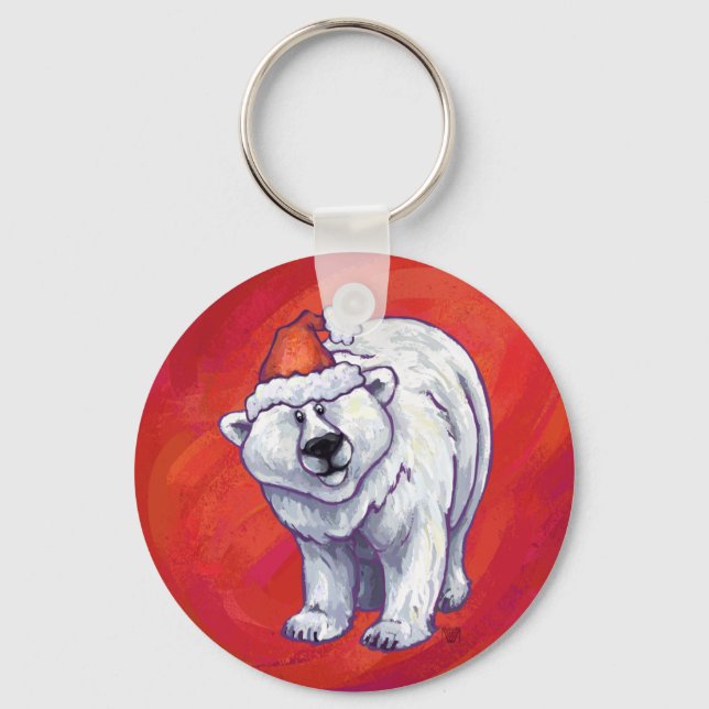Polar Bear Christmas On Red Key Ring (Front)