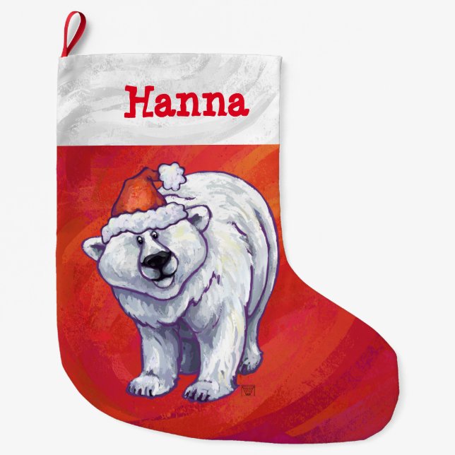 Polar Bear Christmas On Red Large Christmas Stocking (Front)