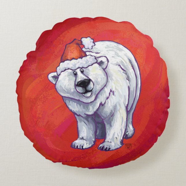 Polar Bear Christmas On Red Round Cushion (Front)