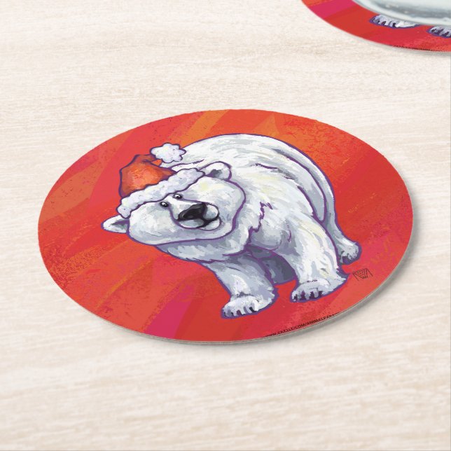 Polar Bear Christmas On Red Round Paper Coaster (Angled)