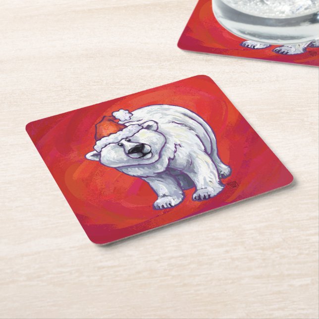 Polar Bear Christmas On Red Square Paper Coaster (Angled)