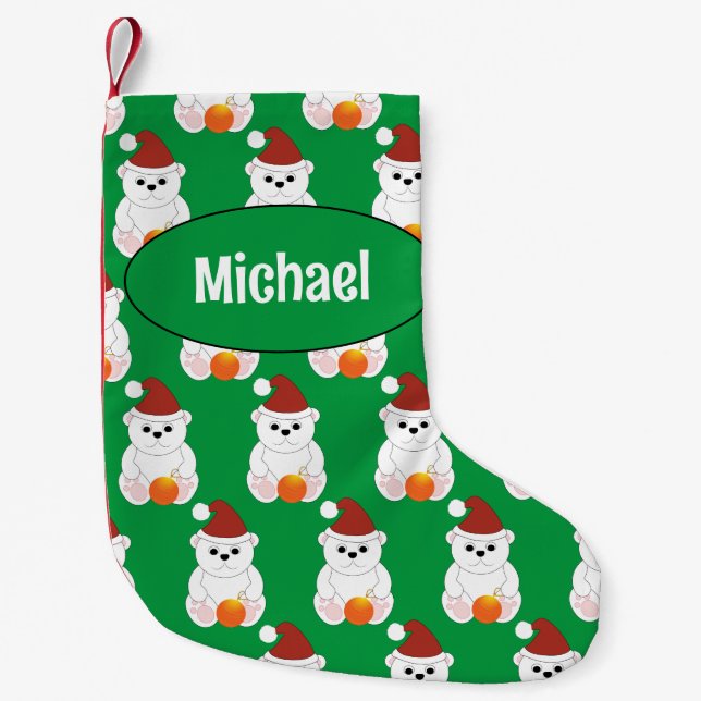 Polar bear Christmas Santa cute green Your name Small Christmas Stocking (Front)