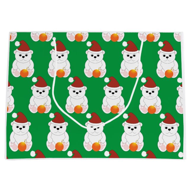 Polar bear Christmas Santa hat cute pattern green Large Gift Bag (Front)