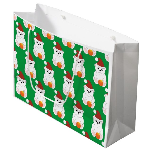 Polar bear Christmas Santa hat cute pattern green Large Gift Bag (Front Angled)