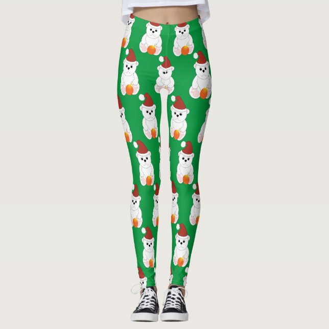 Polar bear Christmas Santa hat cute pattern green Leggings (Front)