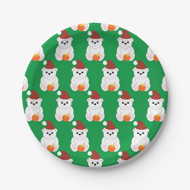 Polar bear Christmas Santa hat cute pattern green Paper Plate (Front)