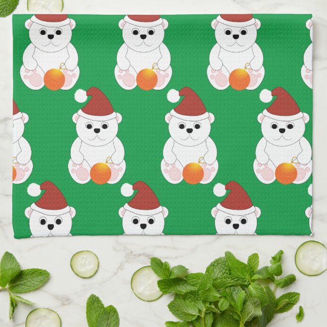 Polar bear Christmas Santa hat cute pattern green Tea Towel (Folded)