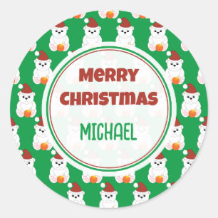 Polar bear Christmas Santa hat Personalise Classic Round Sticker