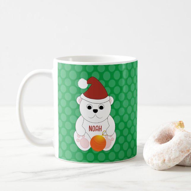 Polar bear Christmas Santa hat Personalise Coffee Mug (With Donut)