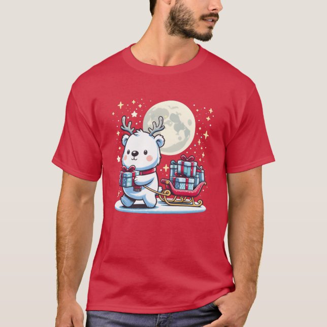 Polar Bear Christmas Sleigh Presents Christmas fun T-Shirt (Front)