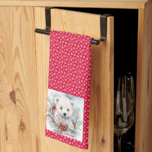 Polar Bear Cub Add Name Snow Red Tea Towel