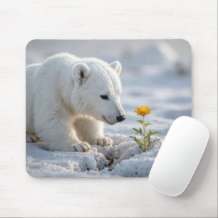 Polar Bear Cub Admiring a Daisy Mouse Mat