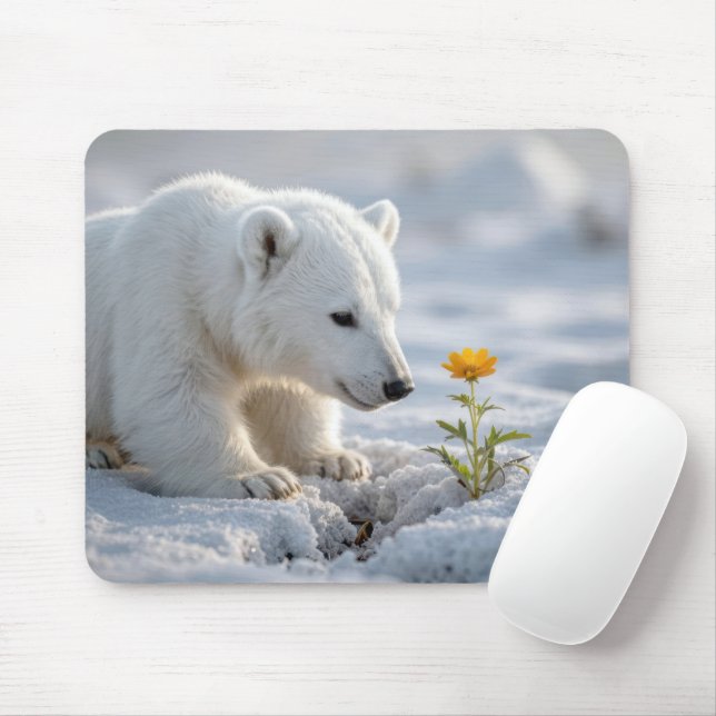 Polar Bear Cub Admiring a Daisy Mouse Mat (With Mouse)