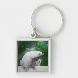 Polar Bear, cub and Northern Lights aurora Key Ring