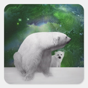 Polar Bear, cub and Northern Lights aurora Square Sticker