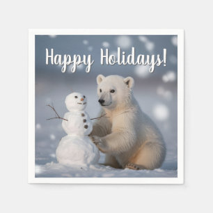 Polar Bear Cub and Snowman Holiday Design Napkin