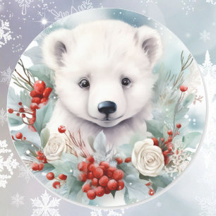 Polar Bear Cub at Christmas Cute Classic Round Sticker