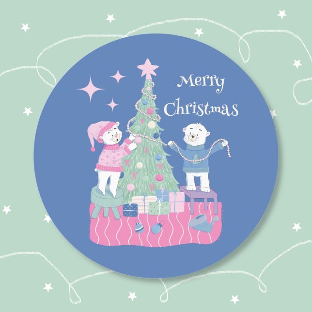 Polar Bear Cub Decorating Tree Blue Sticker (Cute Holiday blue round sticker with two polar bear cubs decorating a Christmas tree .)