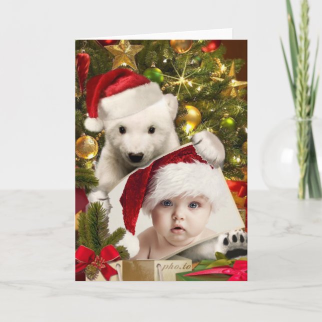 Polar Bear Cub holding YOUR photo for Christmas Holiday Card (Front)