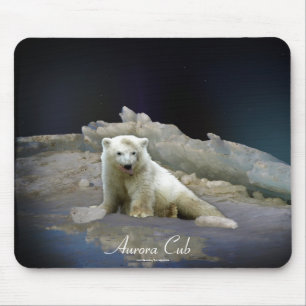 Polar Bear Cub on Ice & Aurora Mousepad