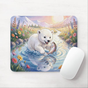Polar Bear Cub Playing a Fish Mouse Mat