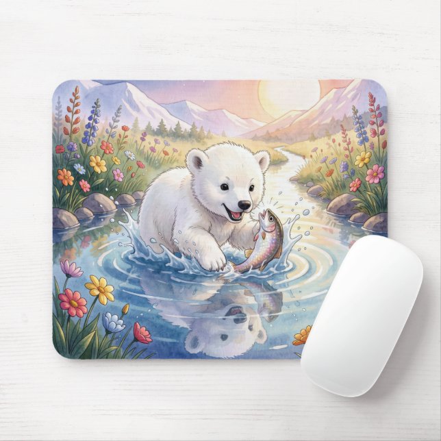 Polar Bear Cub Playing a Fish Mouse Mat (With Mouse)