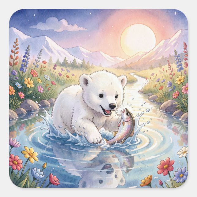 Polar Bear Cub Playing with a Fish Square Sticker (Front)