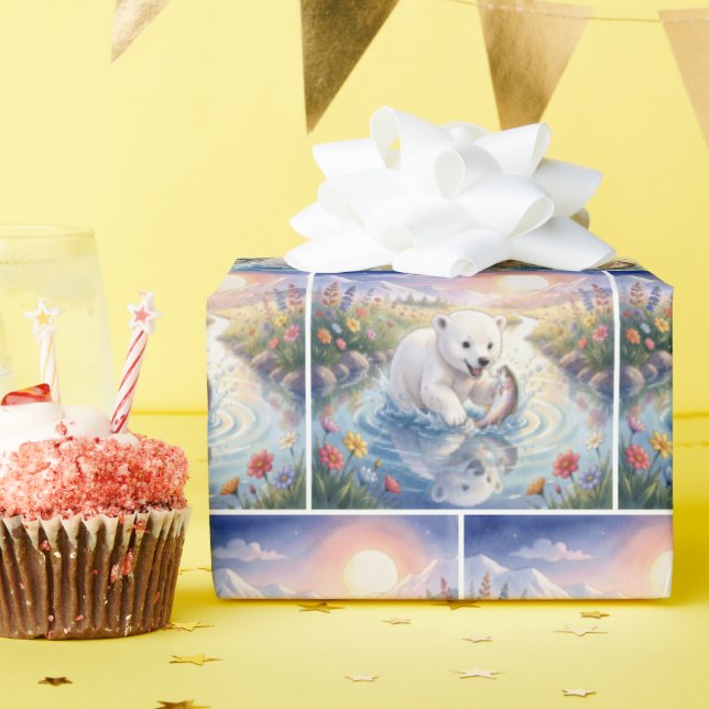 Polar Bear Cub Playing with a Fish Wrapping Paper (Birthday Party)