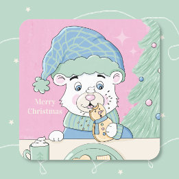 Polar Bear Cub Square Pink Christmas Sticker