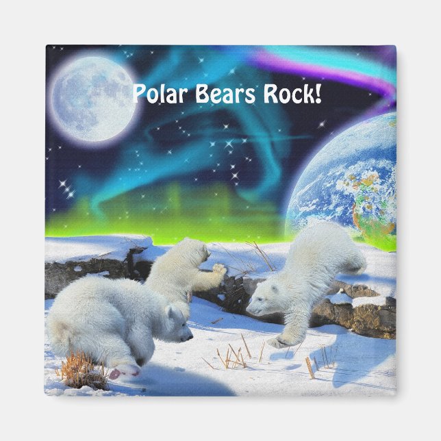 Polar Bear Cubs & Aurora Wildlife Art Magnet (Front)