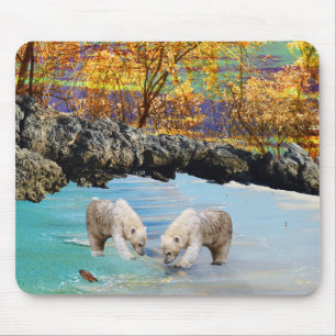 Polar Bear Cubs Fishing, Mouse Mat