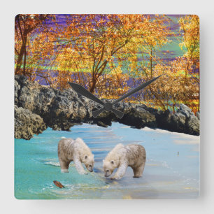 Polar Bear Cubs Fishing, Square Wall Clock