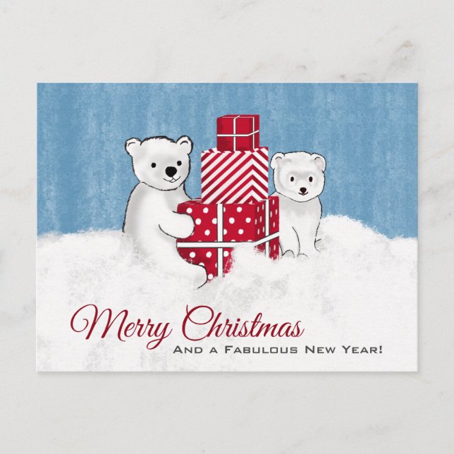 Polar Bear Cubs With Red Christmas Gifts Postcard (Front)